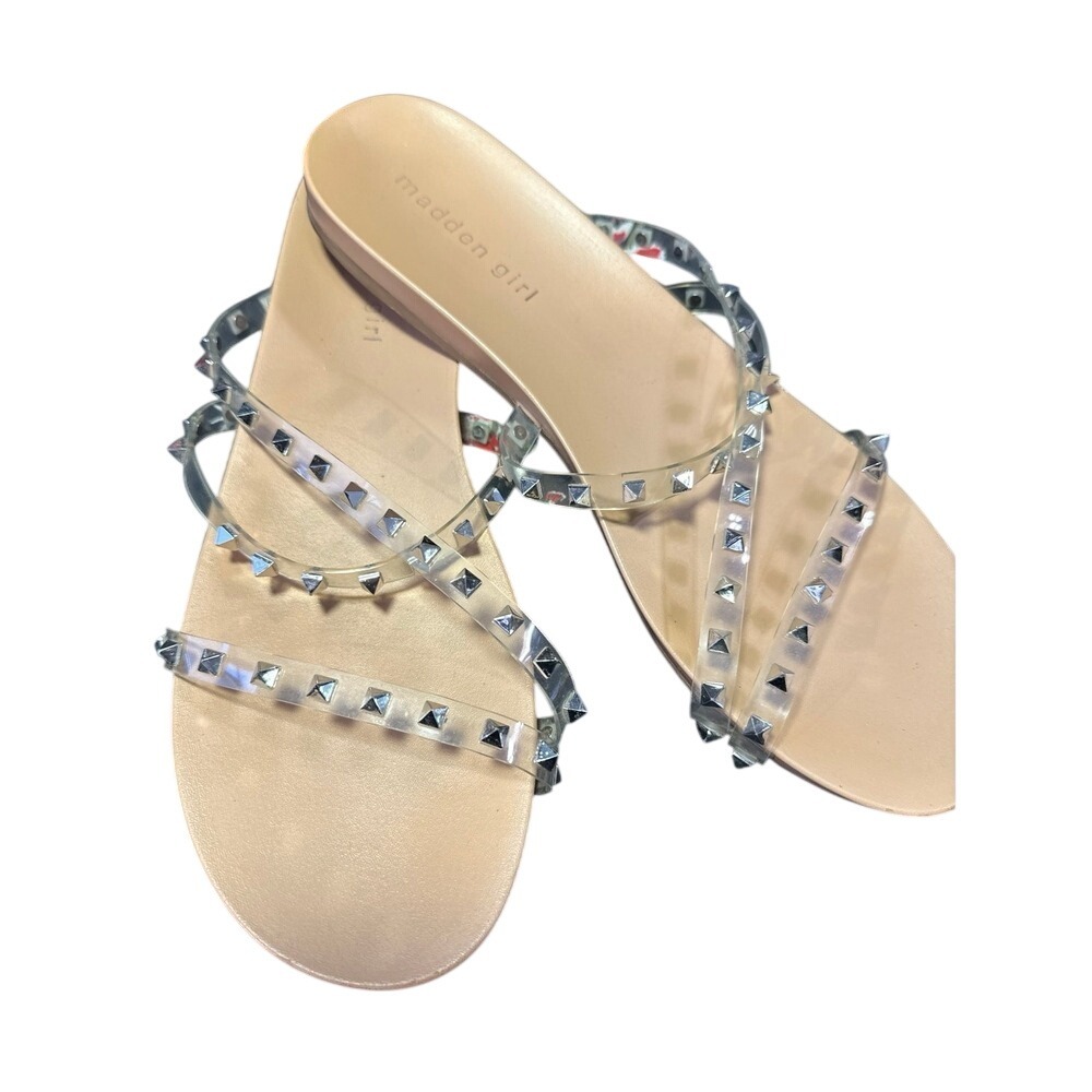 Madden Girl Clear Studded Slide Sandals in Nude 8.5
